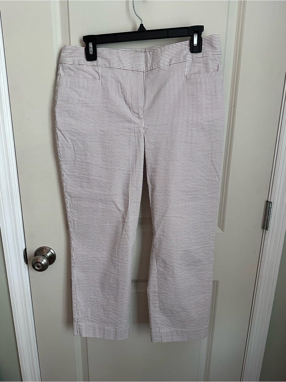 Ann Taylor Straight-Leg Seersucker Pants in White and Taupe Stripes